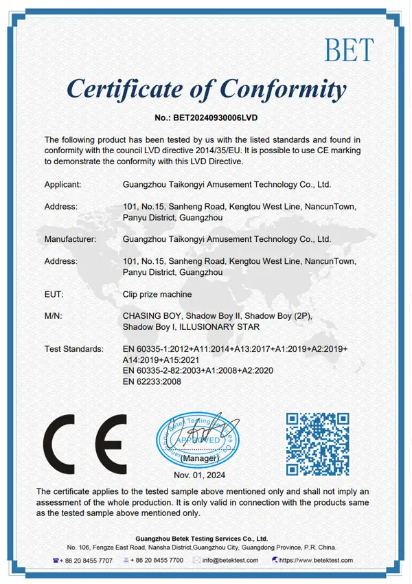 Certificate of Conformity - BET