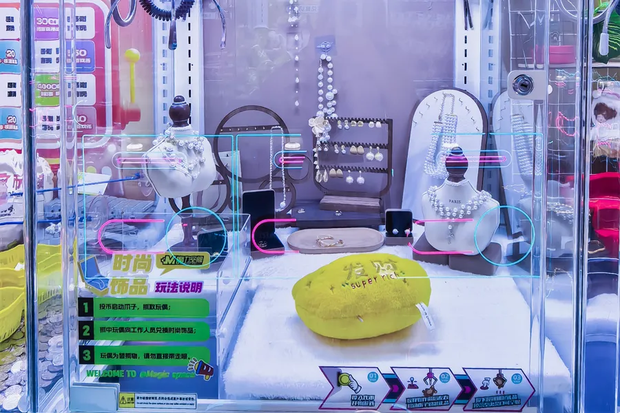 Same specialty crane cabinet shown with different gameplay props for holiday food and retail themes